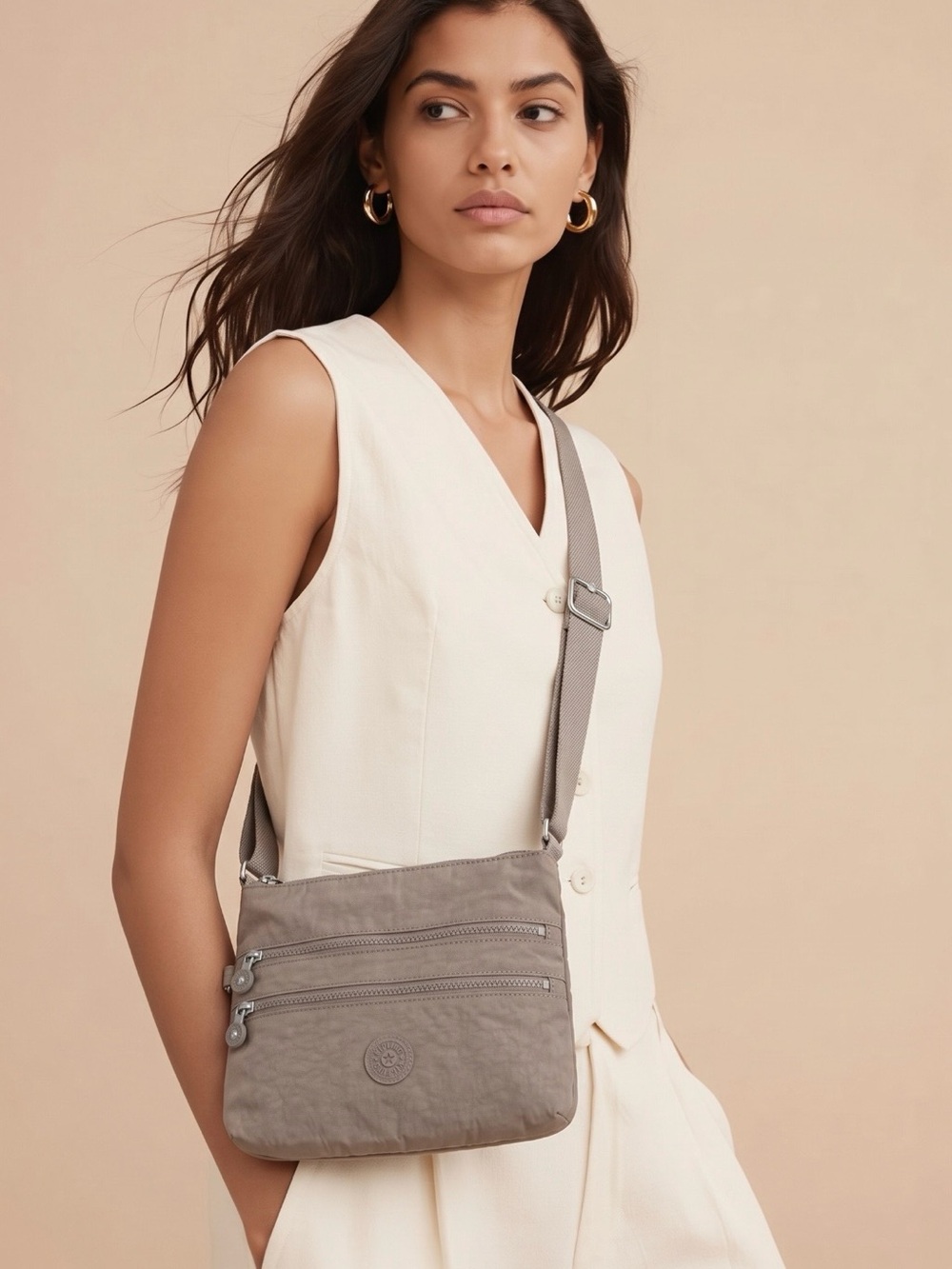 Kipling Gray Crossbody with Dual Zip Front Pockets